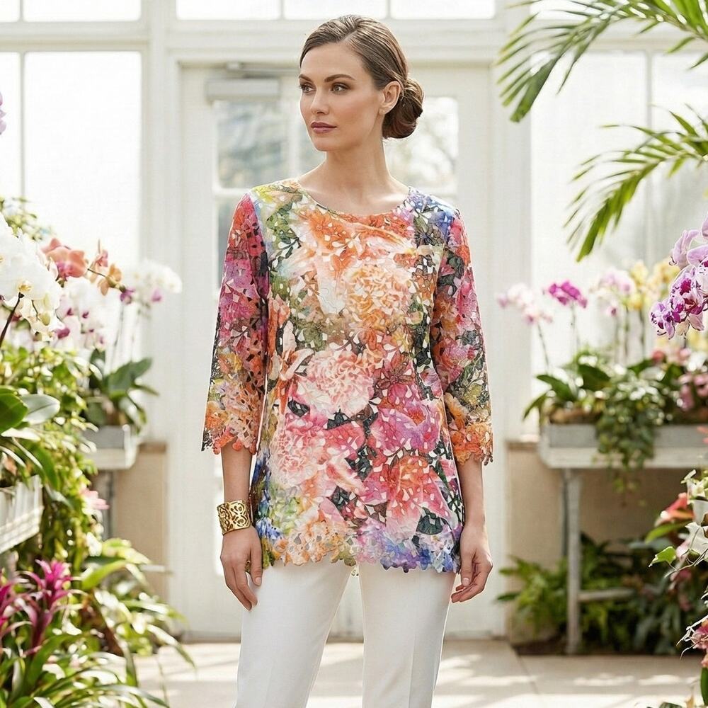 Caroline Rose Floral Lace Art Blouse Multi color size Medium Made in USA